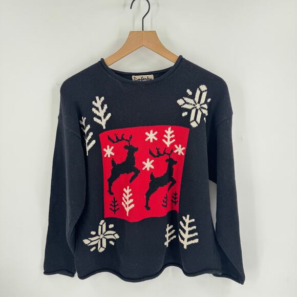 Vintage Timberlea Reindeer Sweater Size Medium Black Red Snowflake Holiday Knit - Picture 6 of 6